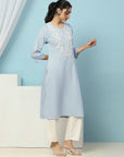 Cotton Straight Kurta Set with Lakhnavi Embroidery & Laced Dupatta