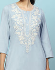 Cotton Straight Kurta Set with Lakhnavi Embroidery & Laced Dupatta