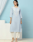 Cotton Straight Kurta Set with Lakhnavi Embroidery & Laced Dupatta