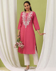 Cotton Straight Kurta Set with Lakhnavi Embroidery & Laced Dupatta