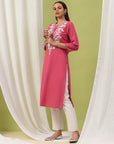 Cotton Straight Kurta Set with Lakhnavi Embroidery & Laced Dupatta