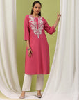 Cotton Straight Kurta Set with Lakhnavi Embroidery & Laced Dupatta