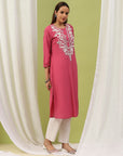 Lakhnavi Embroidered Pure Cotton Kurta Set with Stitch-Detailed Palazzo