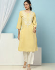 Cotton Straight Kurta Set with Lakhnavi Embroidery & Laced Dupatta