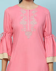 Solid Embroidered Knee Length Straight Tunic for Women