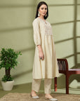 Floral Embroidered Cotton Linen Kurta Set with Pocketed Palazzo