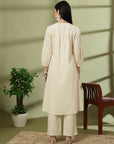 Floral Embroidered Cotton Linen Kurta Set with Pocketed Palazzo