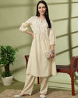 Floral Embroidered Cotton Linen Kurta Set with Pocketed Palazzo