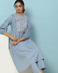 Floral Embroidered Cotton Linen Kurta Set with Pocketed Palazzo