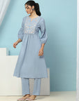 Floral Embroidered Cotton Linen Kurta Set with Pocketed Palazzo