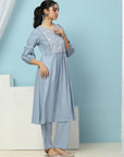 Floral Embroidered Cotton Linen Kurta Set with Pocketed Palazzo