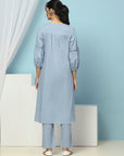 Floral Embroidered Cotton Linen Kurta Set with Pocketed Palazzo