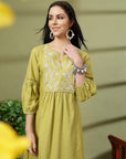 Solid A-Line Cotton Linen Kurta Set with Embroidery