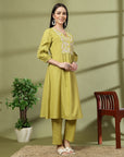 Solid A-Line Cotton Linen Kurta Set with Embroidery