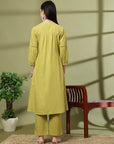 Solid A-Line Cotton Linen Kurta Set with Embroidery