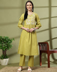 Solid A-Line Cotton Linen Kurta Set with Embroidery