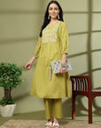 Solid A-Line Cotton Linen Kurta Set with Embroidery