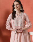 Solid A-Line Cotton Linen Kurta Set with Embroidery