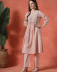 Floral Embroidered Cotton Linen Kurta Set with Pocketed Palazzo