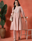 Floral Embroidered Cotton Linen Kurta Set with Pocketed Palazzo