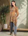 Paisley Printed Poly Georgette High-Low Kurta with Embroidery and Salwar