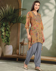 Paisley Printed Poly Georgette High-Low Kurta with Embroidery and Salwar