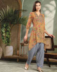 Paisley Printed Poly Georgette High-Low Kurta with Embroidery and Salwar