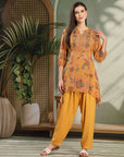 Paisley Printed Poly Georgette High-Low Kurta with Embroidery and Salwar