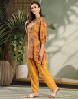 Paisley Printed Poly Georgette High-Low Kurta with Embroidery and Salwar