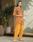 Paisley Printed Poly Georgette High-Low Kurta with Embroidery and Salwar