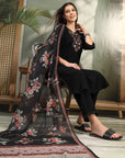 Floral Yoke Embroidered Straight Kurta Set with Printed Chiffon Dupatta
