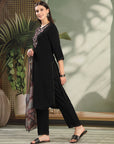 Floral Yoke Embroidered Straight Kurta Set with Printed Chiffon Dupatta