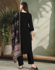Floral Yoke Embroidered Straight Kurta Set with Printed Chiffon Dupatta