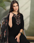 Floral Yoke Embroidered Straight Kurta Set with Printed Chiffon Dupatta