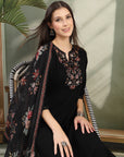 Floral Yoke Embroidered Straight Kurta Set with Printed Chiffon Dupatta