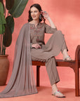 Floral Yoke Embroidered Straight Kurta Set with Printed Chiffon Dupatta