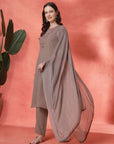 Floral Yoke Embroidered Straight Kurta Set with Printed Chiffon Dupatta
