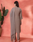 Floral Yoke Embroidered Straight Kurta Set with Printed Chiffon Dupatta