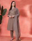 Floral Yoke Embroidered Straight Kurta Set with Printed Chiffon Dupatta