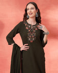 Floral Yoke Embroidered Straight Kurta Set with Printed Chiffon Dupatta