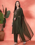 Floral Yoke Embroidered Straight Kurta Set with Printed Chiffon Dupatta