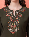Floral Yoke Embroidered Straight Kurta Set with Printed Chiffon Dupatta