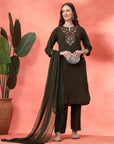 Floral Yoke Embroidered Straight Kurta Set with Printed Chiffon Dupatta