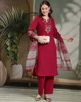 Floral Yoke Embroidered Straight Kurta Set with Printed Chiffon Dupatta