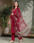 Floral Yoke Embroidered Straight Kurta Set with Printed Chiffon Dupatta