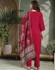 Floral Yoke Embroidered Straight Kurta Set with Printed Chiffon Dupatta