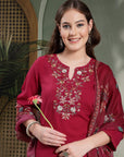 Floral Yoke Embroidered Straight Kurta Set with Printed Chiffon Dupatta