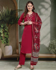 Floral Yoke Embroidered Straight Kurta Set with Printed Chiffon Dupatta