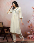Paisley Embroidered Shirt-Style Kurti with Smocked Sleeves & Back Detail