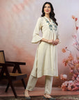 Paisley Embroidered Shirt-Style Kurti with Smocked Sleeves & Back Detail